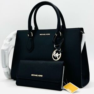 Michael Kors Sheila Medium Satchel Bag & Large Trifold Wallet Black/Gold